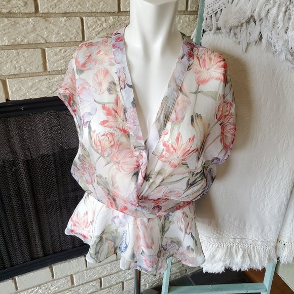 White Closet Boho Floral Chiffon Peplum Keyhole Blouse S - Picture 2 of 5